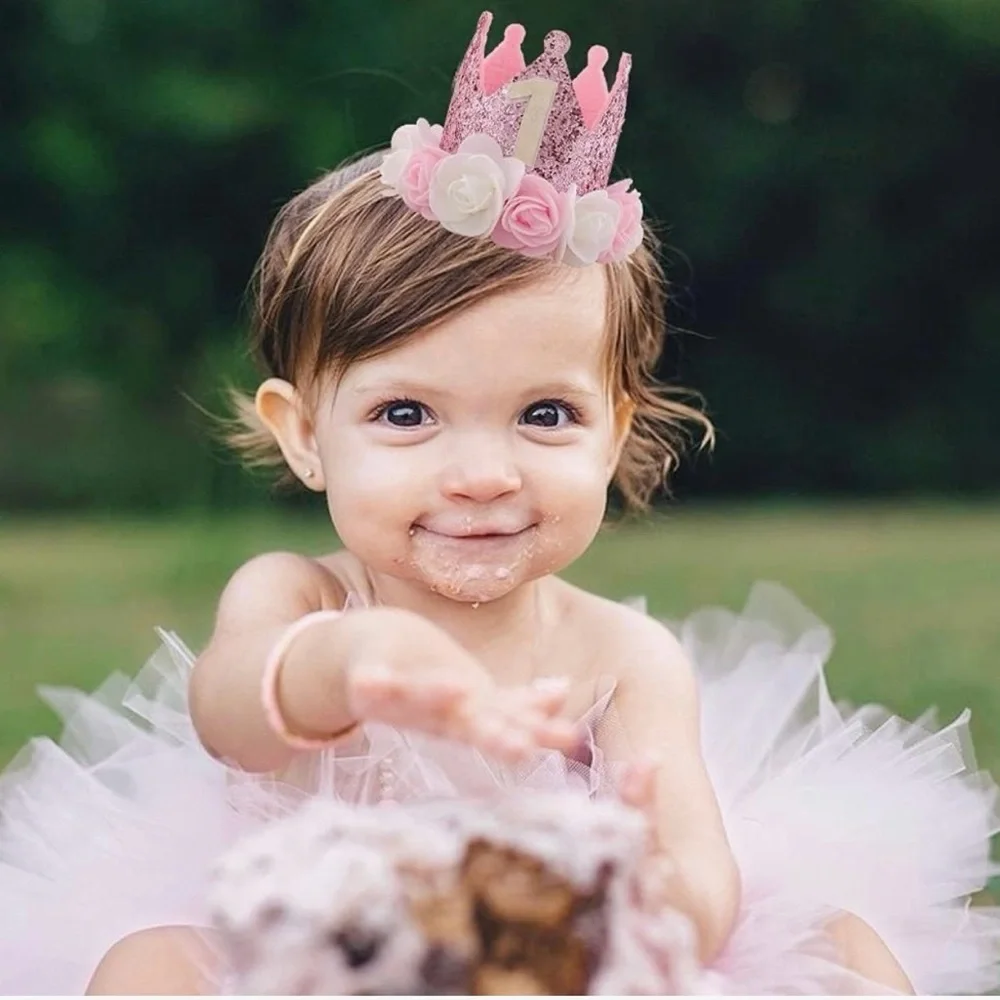 Pink Glitter 1st Birthday Crown with Roses